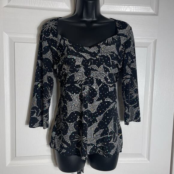 Vintage Y2K Dressbarn Shirt Women Medium Black Floral Silver Sparkle Babydoll - Picture 1 of 11